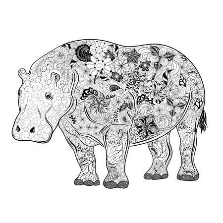 Illustration "Hippo" was created in doodling style in black and white colors.  Painted image is isolated on white background.のイラスト素材