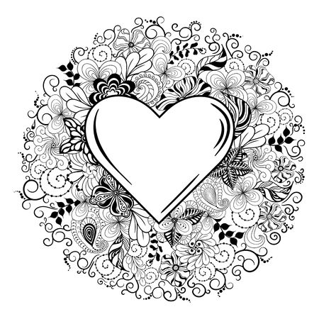 Illustration "Heart" was created in doodling style in black and white colors.   It  can be used for coloring books for adult or valentines card.のイラスト素材