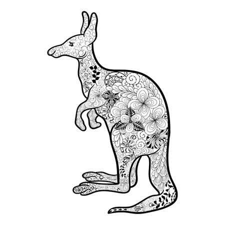 Illustration "Kangaroo" was created in doodling style in black and white colors.  Painted image is isolated on white background.のイラスト素材