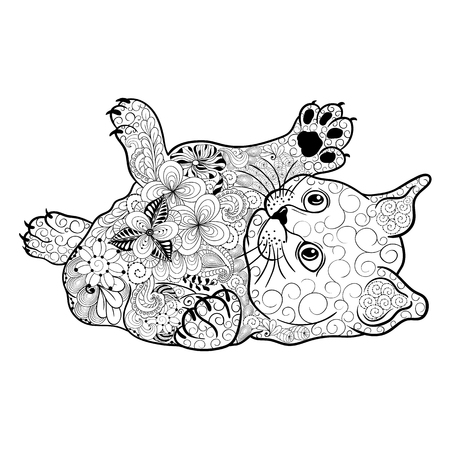 Illustration "Kitten" was created in doodling style in black and white colors.  Painted image is isolated on white background.のイラスト素材