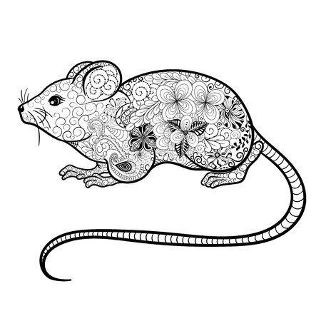 Illustration "Mouse" was created in doodling style in black and white colors.  Painted image is isolated on white background.のイラスト素材