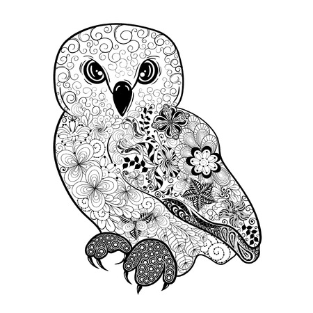 Illustration "Owl" was created in doodling style in black and white colors.  Painted image is isolated on white background.のイラスト素材