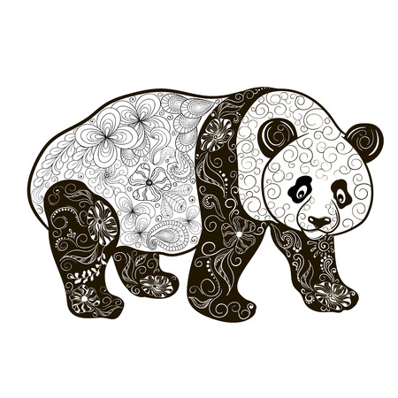Illustration "Panda" was created in doodling style in black and white colors.  Painted image is isolated on white background.のイラスト素材