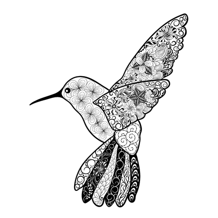 Illustration "Colibri" was created in doodling style in black and white colors.  Painted image is isolated on white background.  It  can be used for coloring books for adult, shirt design.のイラスト素材