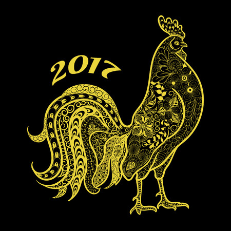 Illustration "New year 2017" was created in doodling style in black and yellow colors. Painted image is isolated on black background. It  can be used as greeting card, postcard.のイラスト素材