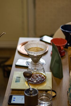 Alternative manual coffee brewing. Transparent glass pour over dripperの写真素材