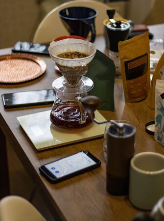 Alternative manual coffee brewing. Accessories and items for alternative coffee brewingの写真素材