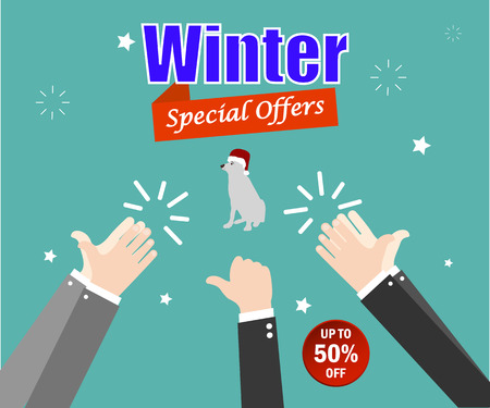 Winter sale. Special offers. Christmas and New Year winter sale. Green background. Hand gesture. Vector illustration.のイラスト素材