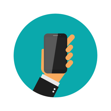 Hand holding smart phone on green background. Flat designのイラスト素材