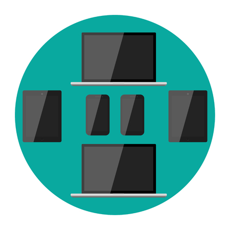 Realistic modern, blank screen lcd, led, TV, monitor, laptop, notebook, pad, phone on green background. Vector illustrationのイラスト素材