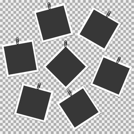 Set of photo frame with pin on grey background. Vector template, blankのイラスト素材