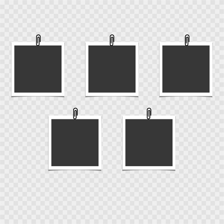 Set of photo frame with pin on grey background. Vector template, blankのイラスト素材