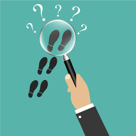 Private detective. Follow somebody closely. Detective magnifying glass. Detective agency. Follow in the tracks of somebody. Vector illustrationのイラスト素材