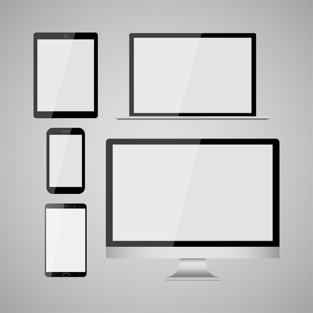 Collection of realistic modern blank screen lcd, led, TV, monitor, laptop, notebook, pad, phone on gray background. Electronics industryのイラスト素材