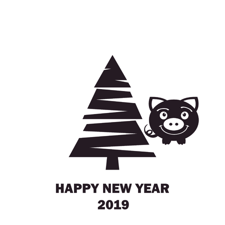 Happy New Year. 2019. Year of pig. White background. Vector illustrationのイラスト素材