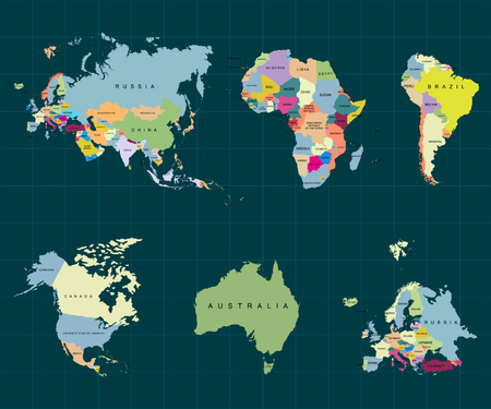 Territory of continents - Africa, Europe, Asia, Eurasia, South America, North America, Australia. Dark background. Vector illustrationのイラスト素材