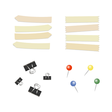 Stationary pin. Straight color pins. Thumbtack. Adhesive tape. Vector illustrationのイラスト素材