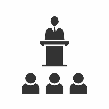 Public Speaker on the pedestal. Business meeting, discussion or debate. Vector illustrationのイラスト素材