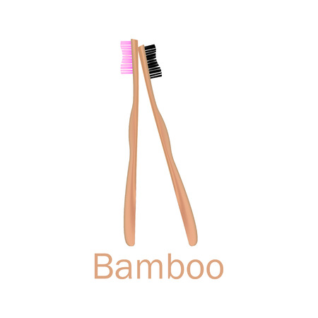 Bamboo toothbrush. Realistic 3d bamboo toothbrush with different color of bristles. Bamboo products. Zero waste. Save the world without plastic. Vector illustrationのイラスト素材