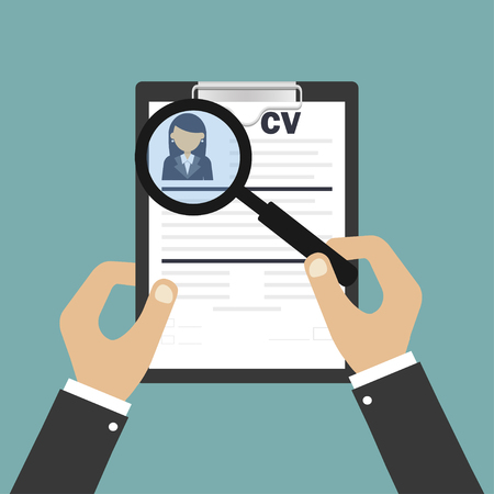 Human resources. Resume or curriculum vitae. Choice of person. Person suitable for the work. Vector illustration.のイラスト素材