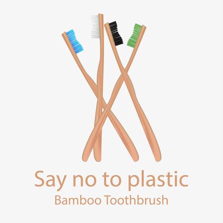 Collection of bamboo toothbrushes. Say no to plastic goods. Zero waste. Vector illustrationのイラスト素材