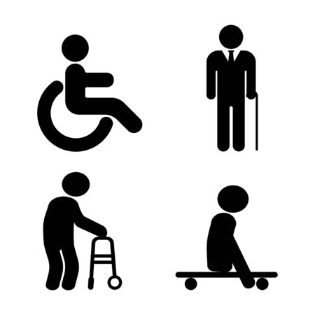 Person with disabilities and physical injury symbols. Wheelchair sign. Men with walking cane. Vector illustrationのイラスト素材