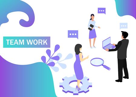 Teamwork concept in violet colors. Use for web banner, infographics, strategies. Isometric projection. Vector illustrationのイラスト素材