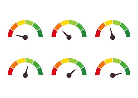 Collection of speedometer, tachometer, indicator icons. Performance measurement. White background....