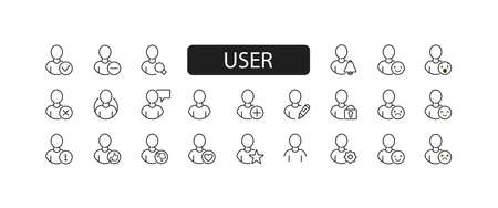 Set of outline icons about users, internet personality, user interface. Simple symbols with black color contour. Vector illustration. EPS 10のイラスト素材