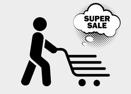 Online shopping and delivery. Shopping trolley, cart on white background. Super sale text. Simple black symbols. Vector illustration. EPS 10のイラスト素材