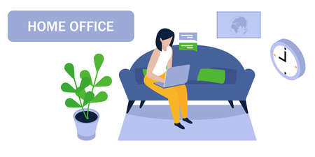 Businesswoman is sitting and working with the computer. Business Planning. Home office. Isometric projection. Vector illustrationのイラスト素材