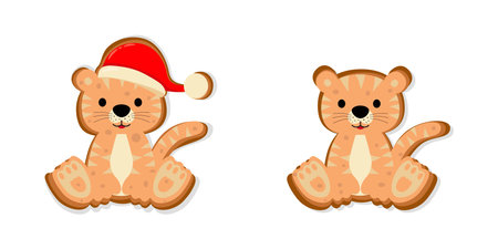 Christmas gingerbread cookies, winter holiday food. Gingerbread tiger. Cartoon tiger. Vector illustrationのイラスト素材