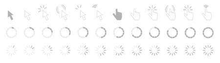 Collection of loading progress bars. circle shape. push button. Cursor of computer mouse. white background.のイラスト素材