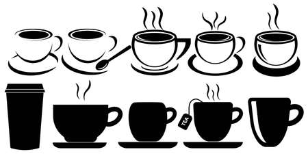Collection of cups. Disposable coffee and tea cups. Realistic 3D illustrations of cups with saucers. Black and white colors design. vector illustrationのイラスト素材