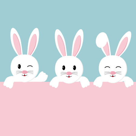 White rabbits with different facial expression. Hare. Color background. Vector illustrationのイラスト素材