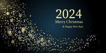 New Year and Christmas background with glow gold shiny icons. 2024 year. Christmas background for greeting card. Christmas greeting card. Dark background. Vector illustrationのイラスト素材