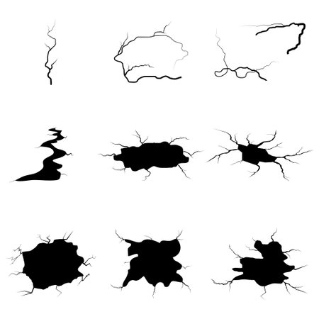 Ground cracks collection. Earthquake, quakes. Damaged wall texture. Vector illustrationのイラスト素材