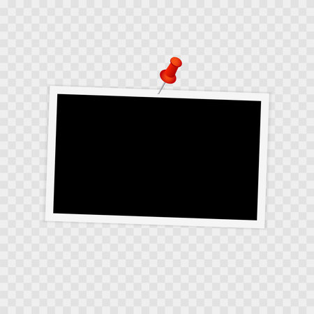 Photo frame with straight pin, drawing pin, thumbtack. Template, blank for photo. Vector illustrationのイラスト素材