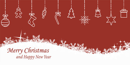 Winter and Christmas background with snowflakes. Christmas ornament elements hanging. Christmas background for greeting card. New year and Christmas greeting card. Red background. Vector illustrationのイラスト素材