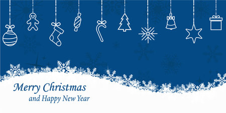 Winter and Christmas background with snowflakes. Christmas ornament elements hanging. Christmas background for greeting card. New year and Christmas greeting card. Blue background. Vector illustrationのイラスト素材
