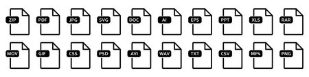 Collection of file formats big icon. File format of document - PDF, DOC, AI, EPS, JPG, PNG, PPT, XLS, MP4, RAR, ZIP, GIF, MOV, SVG, PSD etc. Vector illustrationのイラスト素材