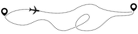 Airplane line path. Aircraft flying in the sky. Airplane flight route with line trace. Vector illustrationのイラスト素材