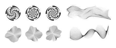 Flowing dotted line wave, line wave. Half tone texture. Curve half tone shape on white background. 3D vector wave dotted pattern. Vector illustration.のイラスト素材