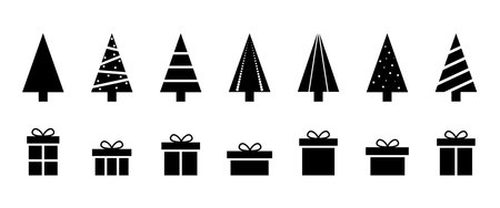 Merry Christmas and Happy New Year. Collection of fir trees, gift boxes. Black and white design. Simple signs, symbols. Vector illustrationのイラスト素材