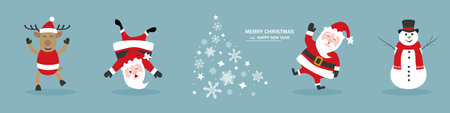 Traditional Christmas symbols, decorations. Snowman, Santa Claus, deer, reindeer, Christmas tree. New year and Christmas symbol. Funny Santa Claus. Vector illustrationのイラスト素材