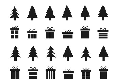 Merry Christmas and Happy New Year. Collection of fir trees, gift boxes and snowflakes. Black and white design. Simple signs, symbols. Vector illustrationのイラスト素材