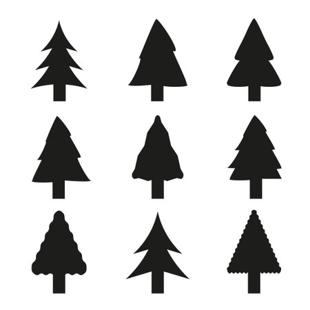 Merry Christmas and Happy New Year. Collection of fir trees. Black and white design. Simple signs, symbols. Vector illustrationのイラスト素材