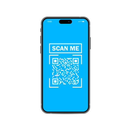 QR code on Apple iPhone 15 screen. QR code for mobile app, payment and phone. Scan qr code icon. Kyiv, Ukraine - January 22, 2024のイラスト素材