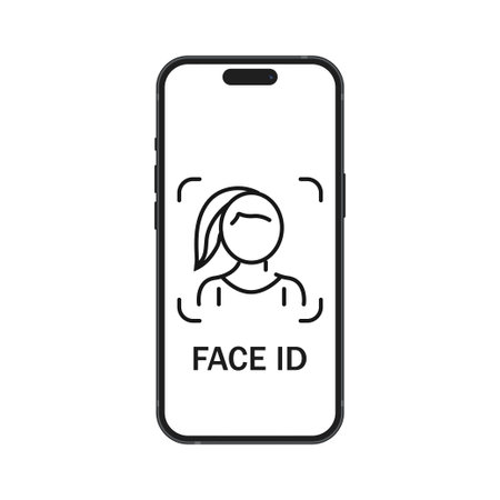 Face ID icon on Apple iPhone 15 screen. ID - identity document. Facial recognition system identification. Face scan. Kyiv, Ukraine - January 22, 2024のイラスト素材