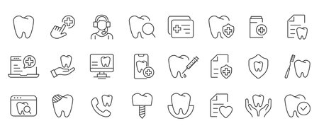 Set of outline icons about pharmacy, medicine. Dentistry, Stomatology. Simple symbols with black color contourのイラスト素材